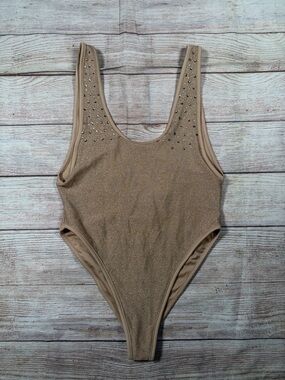 Women’s Shimmer One-Piece Swimsuit in Nude and Gold with Stud Detail